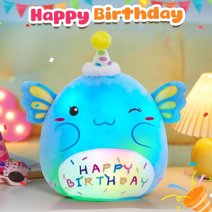 Light up Musical Happy Birthday Axolotl Plush Pillow,LED Stuffed Animals,Blue Axolotl Glowing Plush Toy,Light-up Singing Plush Birthday Gift for Toddler Boys Girls,14''