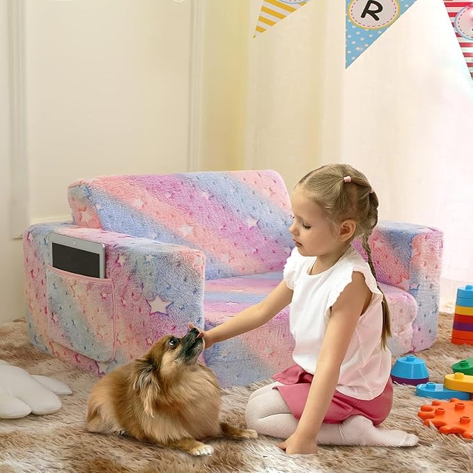 Kids Sofa, Glow in The Dark Toddler Chairs Children's Extra Wide Convertible Sofa to Lounger - Extra Soft 2 Seats 2 in 1 Flip Open Chair & Sleeper, Toddler Couch, Kids Sofa Bed