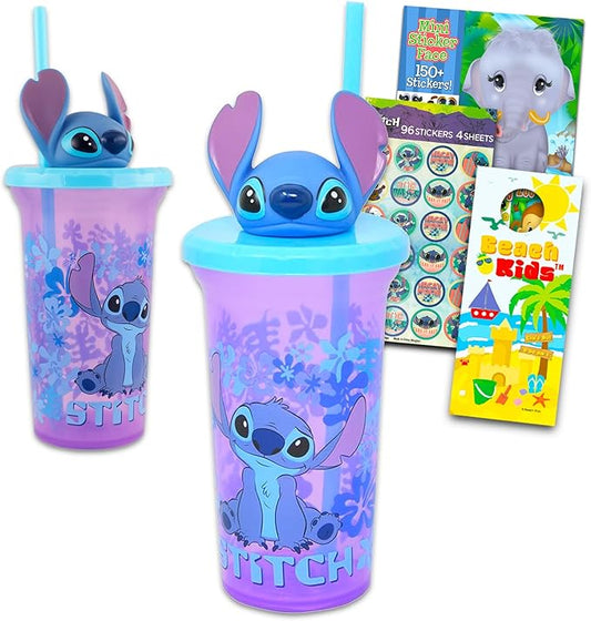 Disney Lilo and Stitch Water Bottle for Kids, Girls, Boys - 3 Pc School Supplies Bundle with Stitch Water Bottle, Create a Face Sticker Book, and More Lilo and Stitch Cups for Kids