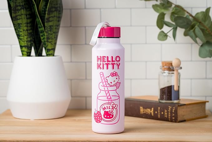 Silver Buffalo Hello Kitty Kawaii Strawberry Milk Pink Stainless Steel Water Bottle with Strap, 27 Ounces