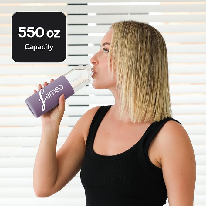 Femeo® Glass Water Bottle for Women | Eco, Yoga & Gym Friendly, 18oz | 100% Leakproof, BPA-Free, Dishwasher Safe, Borosilicate Drinking Glass Bamboo Sports Cap Purple