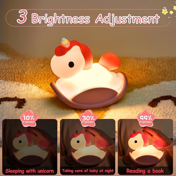 Unicorn Night Lights for Kids Bedroom, LED Squishy Unicorn Lamp with Wobbling Amusement, Silicone Dimmable Nursery Nightlight, Rechargeable Bedside Touch Lamp with 30min Timer, Pink