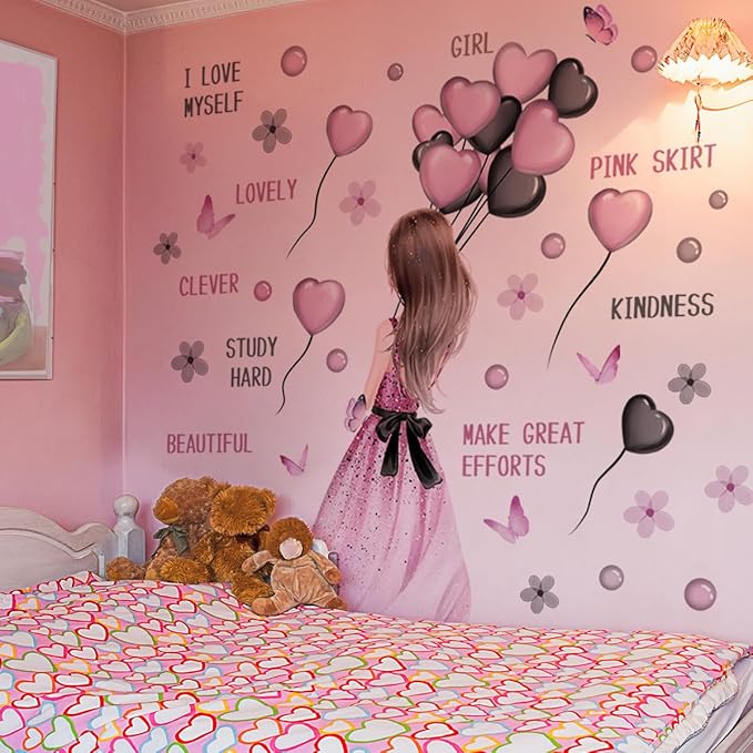 Girly Wall Decals - Pink Dress & Balloons Design, 90cm x 35.43cm, Perfect for Kids' Room