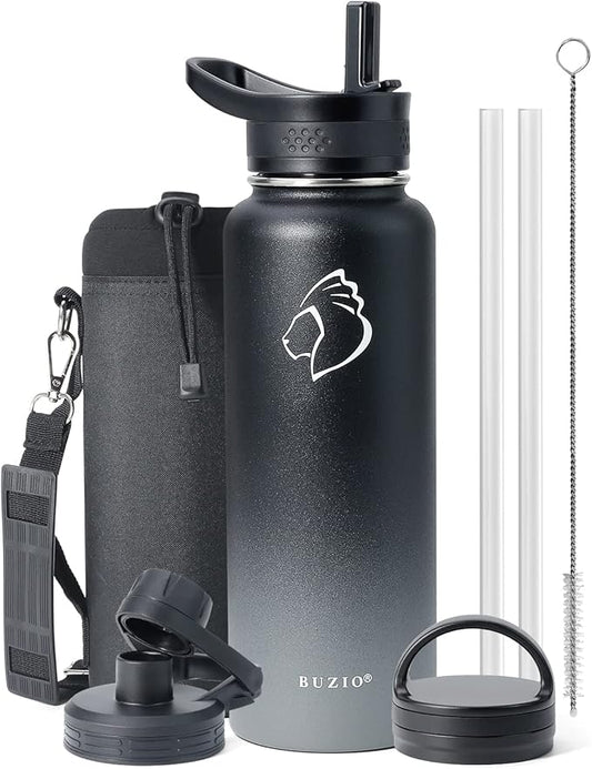 BUZIO Water Bottle with Straw lid, Spout Lid, Hand Lid and Carrying Pouch, 32oz 40oz 64oz Stainless Steel Water Flask Jug, Cold for 48 Hrs Hot for 24 Hrs Double Vacuum Thermo Canteen Mug, BPA-Free