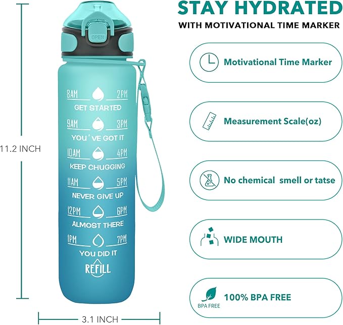 Enerbone 32 oz Drinking Water Bottle with Times to Drink and Straw, Motivational with Carrying Strap, Leakproof BPA & Toxic Free, Ensure You Drink Enough Water for Fitness Gym Outdoor