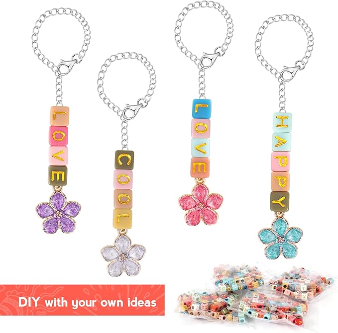 Mity rain 4 Pack Letter Charm Accessories for Stanley Cup, 4 PCS Charm Chains and 400PCS DIY Letter Beads, Letter Handle Charm Designed for Stanley Tumbler Handle Decorations (Silver)