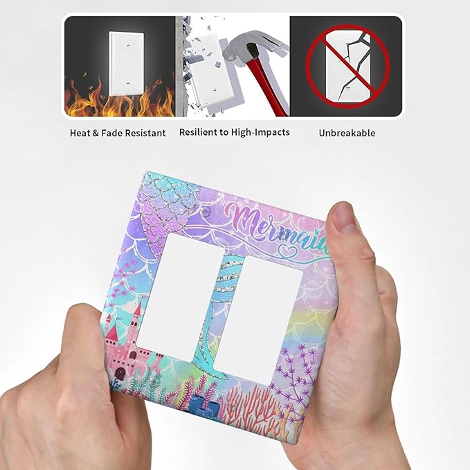 Silvery Glitter Cute Mermaid Tail Fantasy Castle 2 Gang Rocker Decora Light Switch Covers Dual Outlet Covers Wall Plate Decorative Switchplate Electrical Faceplate GFCI for Kidroom Nursery Bedroom