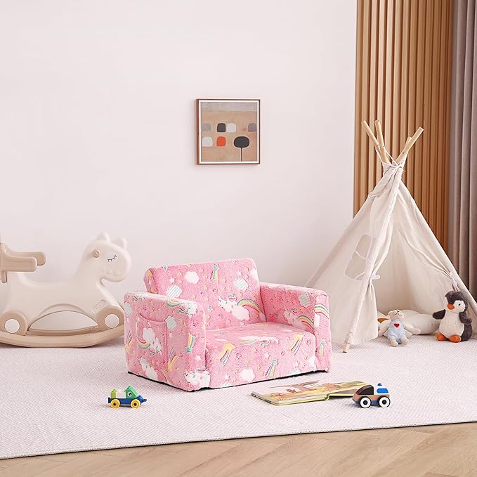 Tiita Toddler Chairs, 2-in-1 Kids Sofa Bed Fold Out, Plush Children's Foam Chair for Boys and Girls, Small Convertible Couch for Baby, Pink Rainbow