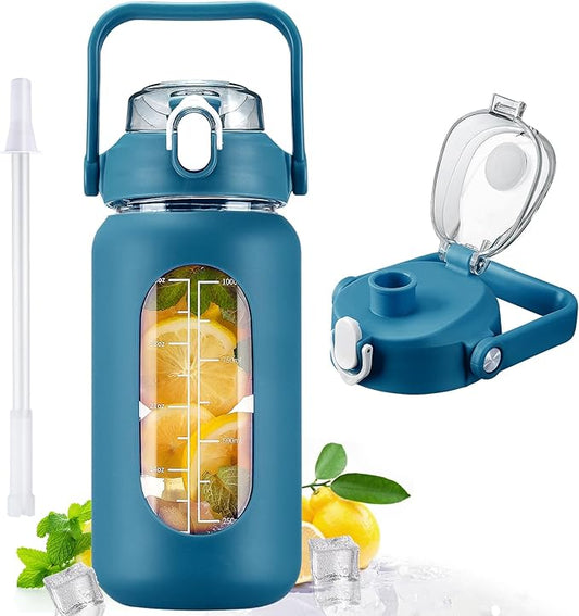 kytffu 42oz Glass Water Bottles with Straw, Motivational Glass Bottle with Silicone Sleeve and Time Marker, Leakproof Large Glass Water Jug for Gym Home Office,Iron Blue