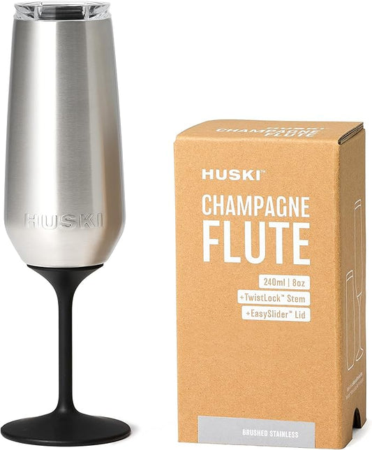 Huski Champagne Flute | NEW | Premium Stainless Steel Champagne Glass with Lid | Go Stemmed or Stemless with Detachable Stem | Triple Insulated Tumbler | 8oz Capacity | Great Gift (Brushed Stainless)