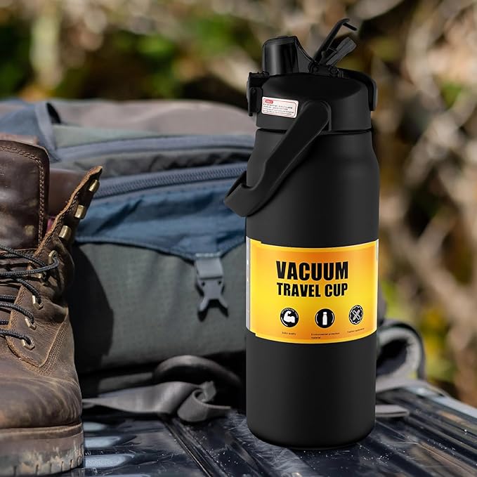 ColorSub 50oz Insulated Water Bottle With 2-in-1 Straw and Chug Leakproof Lid, BPA Free Stainless Steel Wide Mouth Sports Water Cup Flask Black