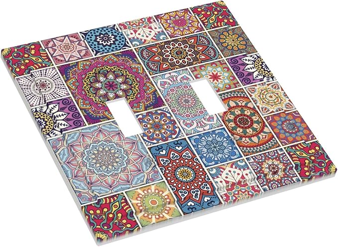 Morocco Talavera Mexican Tiles Printed Colroful Mandala Double Toggle Light Switch Covers 2 Gang Wall Plate Dual Decorative Switchplate Electrical Faceplate for Kitchen Bathroom Bedroom Decor