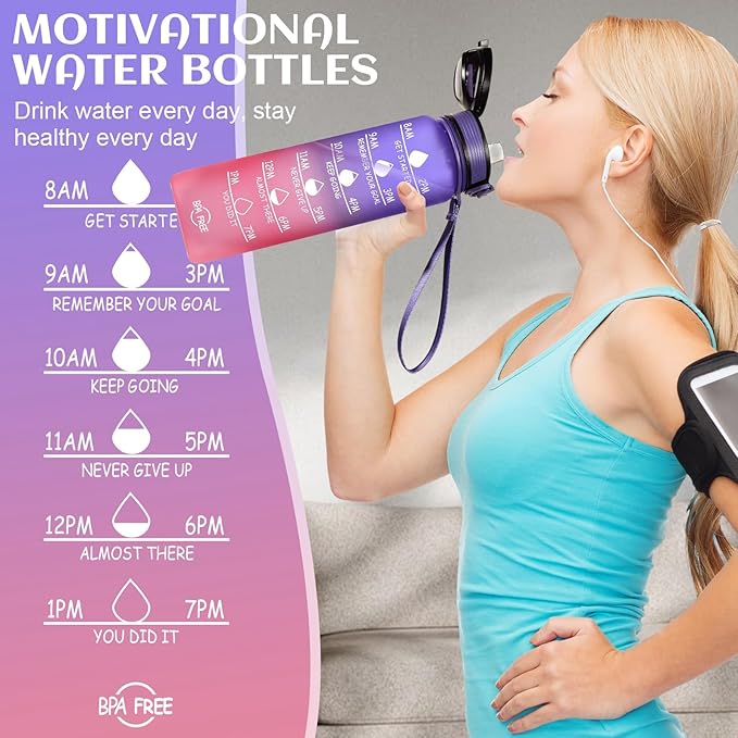 Water Bottle 32 oz, Motivational Sports Water Bottles Tritan BPA Free Water Bottle No Straw With Time Marker, Wide Mouth Leakproof Water Bottle with Strap for Gym Fitness Hiking Bike Camping - Purple