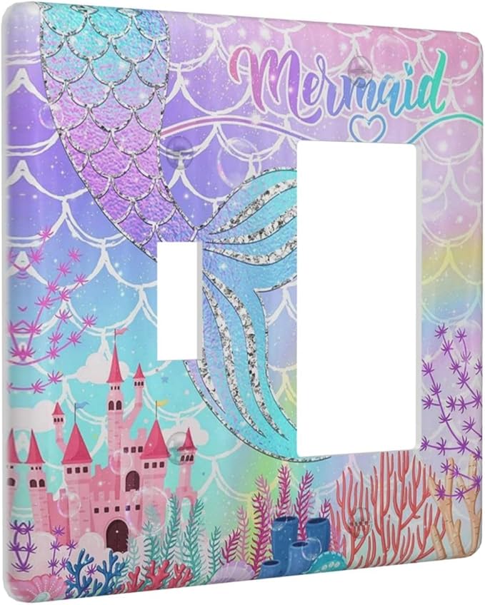 Silvery Glitter Cute Mermaid Tail Fantasy Castle 2 Gang Single Toggle Rocker Combination Light Switch Covers Wall Plate Cover Electrical Faceplate Decorative Switchplate for Kidroom Nursery Bedroom