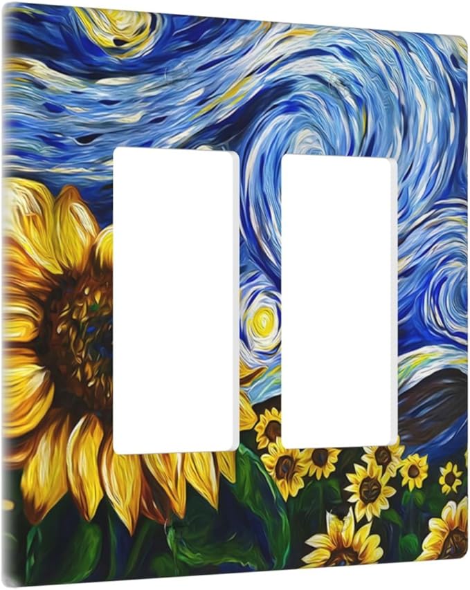 Vintage Abstract Blue Starry Sunflower 2 Gang Rocker Decora Light Switch Covers Dual Outlet Covers Wall Plate Decorative Switchplate Electrical Faceplate GFCI for Farmhouse Country Bedroom Decor