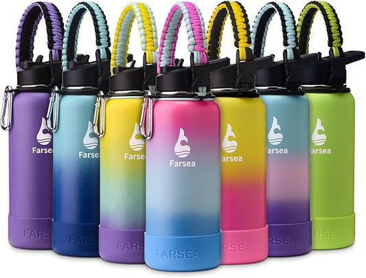 Farsea Insulated Water Bottle With Paracord Handle, Protective Boot and 2 Lids (Straw Lid & Spout Lid), Stainless Steel Water Bottle Wide Mouth, Double Wall Sweat-Proof BPA-Free, 32 oz