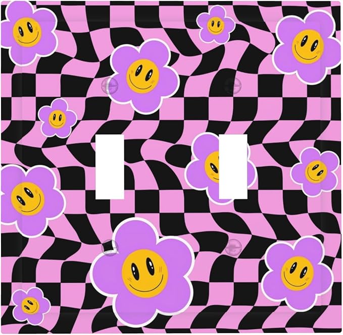 Flowers with Checkered Double Toggle Light Switch Covers 2 Gang Wall Plate Dual Decorative Switchplate Electrical Faceplate for Bathroom Country Kitchen Bedroom Decor, 4.9" x 5"