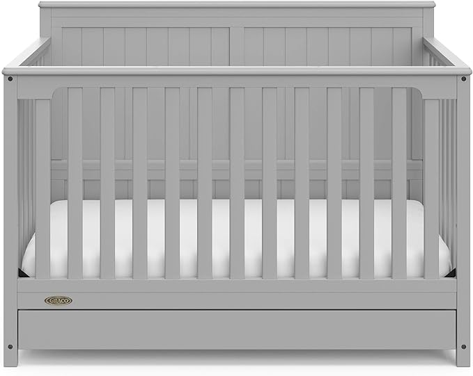 Graco Hadley 5-in-1 Convertible Crib with Drawer (Pebble Gray) – GREENGUARD Gold Certified, Crib with Drawer Combo, Full-Size Nursery Storage Drawer, Converts to Toddler Bed, Daybed