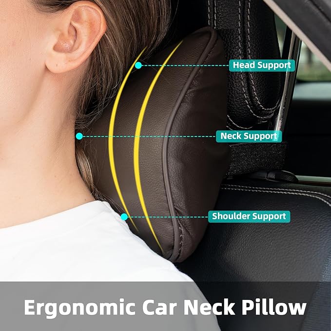 Car Neck Pillow, Car Headrest Pillow for Driving with 2.2" Rear View Blind Spot Mirrors, Memory Foam Car Pillow for Cervical Support, Vehicle Headrest Pillow for Car Seat, Brown