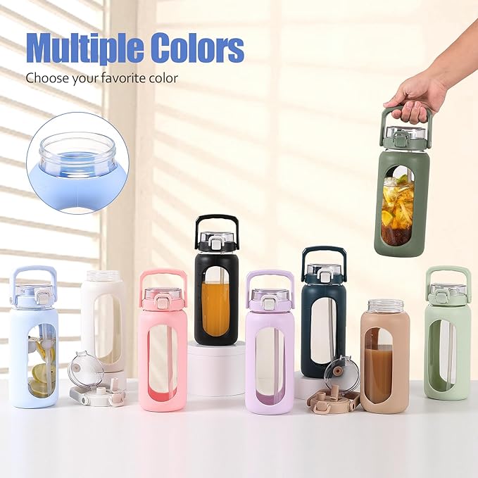 BLUEGO 64oz Glass Water Bottle with Handle and Straw, Motivational Sports Water Bottle with Time Marker and Silicone Sleeve Leakproof Drinking Bottle for Travel Gym Workout, Light Blue