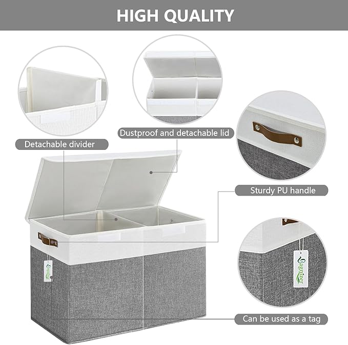 Large Toy Storage Box with Lids, Collapsible Sturdy Baby Storage Organizer Chest Bin Basket for Kids, Boys, Girls, Playroom, Nursery, Bedroom, Closet 25"x13"x16" (Gray and White)