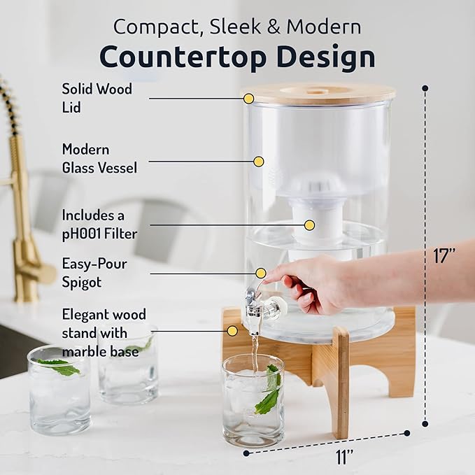 pH Recharge Glass Alkaline Water Filter Dispenser - Countertop Water Filter System - Alkaline Water Purifier Pitcher - High pH Pure Drinking Water Filtration - 8.5L/2.25 Gal (Bamboo/Marble)