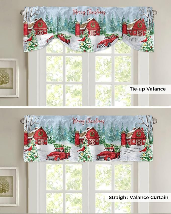 Red Truck Christmas Blackout Tie Up Valance Curtains for Kitchen Windows Merry Christmas Farmhouse Window Toppers Balloon Shades for Living Room/Bathroom/Bedroom,1 Panel, 42" X 12", Winter Xmas Tree