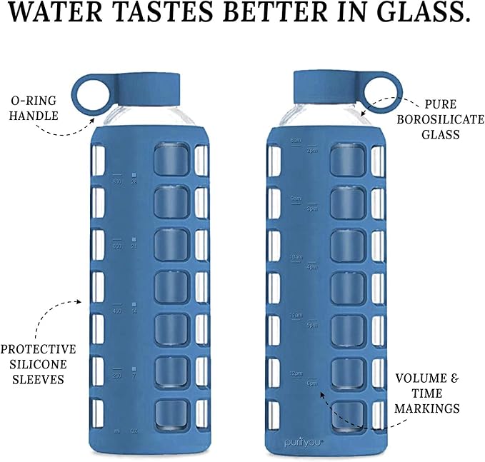 purifyou Premium 40/32 / 22/12 oz Glass Water Bottles with Volume & Times to Drink, Silicone Sleeve & Stainless Steel Lid Insert, Reusable Bottle for Fridge Water, Juice (32oz Chinese Porcelain)