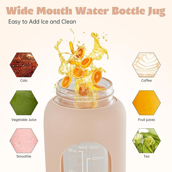 SIEROZUR 32 oz Glass Water Bottle with Straw and Handle Large Sports Motivational Water Bottle with Time Marker and 2 Lids, Leakproof Reusable Water Jug with Silicone Sleeve for Gym