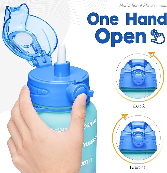 Water Bottles 1 / Half Gallon with Time Marker and Straw, Large Fitness Sports Motivational Bottle, Wide Mouth Leakproof and BPA Free for Travel, Gym,office,school