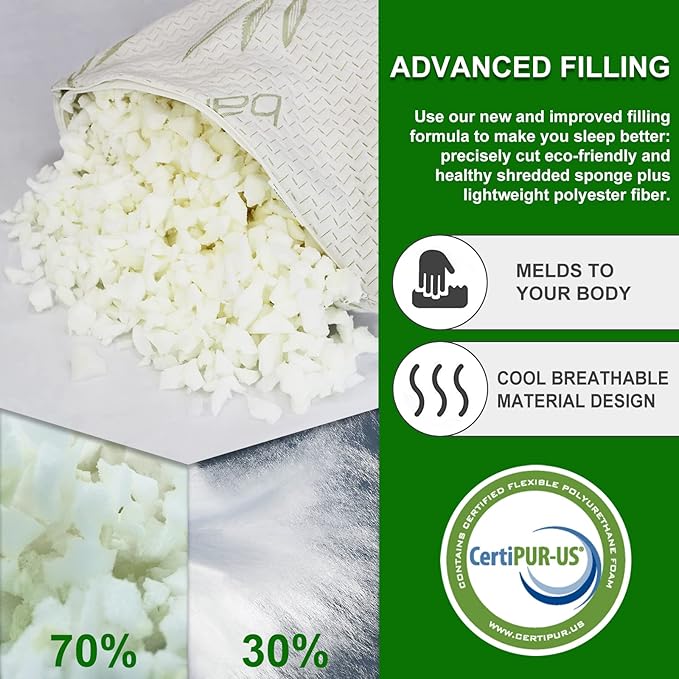 JJDANFILL Rayon Derived from Bamboo Pillow for Sleeping, Shredded Memory Foam Pillow King Size Set of 2, Adjustable Cooling Bed Pillow for Side Back Stomach Sleeper with A Washable Cover 20x36