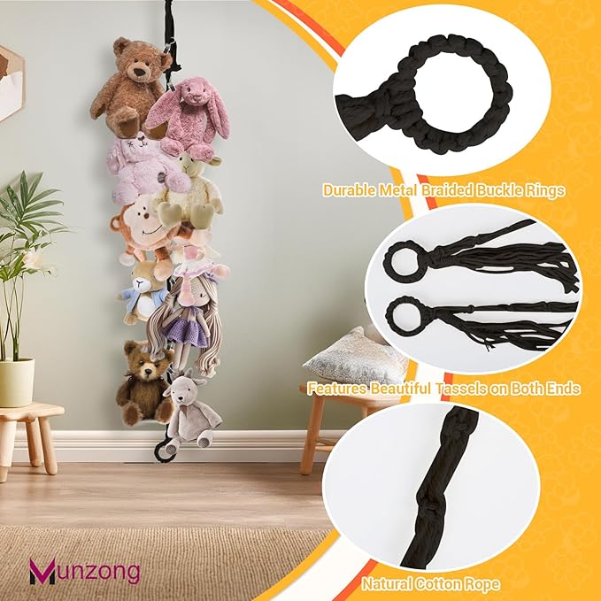 Stuffed Animal Storage Chain 80 Inch, Munzong 4pcs Black Hanging Stuff Animals organizer, Cotton Toy Display Chain with 80 Clips, Toys Organizers Holder for Toddler Kids Nursery Room Wall Corner Decor