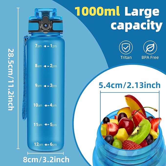 OLDLEY 32 oz Water Bottle, Motivational Water Bottle with Time Marker, Sports Water Bottle With Strap, Leakproof & BPA Free Large Water Bottles for School, Gym, Travel, Outdoor, Tritan,Blue