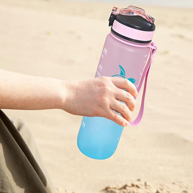 Sea Turtle Water Bottle with Straw, Carry Strap, LeakProof, Tritan BPA Free, 32 Oz Motivational Water Bottle with Time Marker to Ensure You Drink Enough Water for Gym Fitness Outdoor