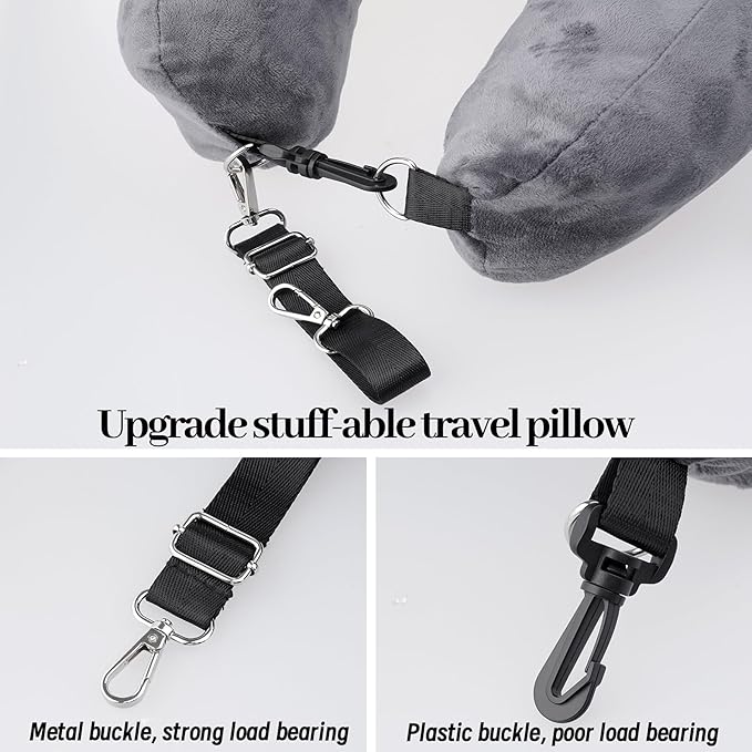 Stuffable Pillowcase Travel for Extra Luggage Velvet Stuffable Neck Pillows Storage Fits Short Trip Essential Multifunctional Adjustable U-Shaped Gray