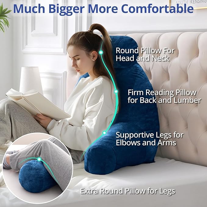 Sasttie Reading Pillow for Sitting in Bed Adult, Extra Large Back Pillow for Bed, Backrest Pillow with Detachable Head Support Cushion, College Dorm Essentials for Girls and Boys, Navy
