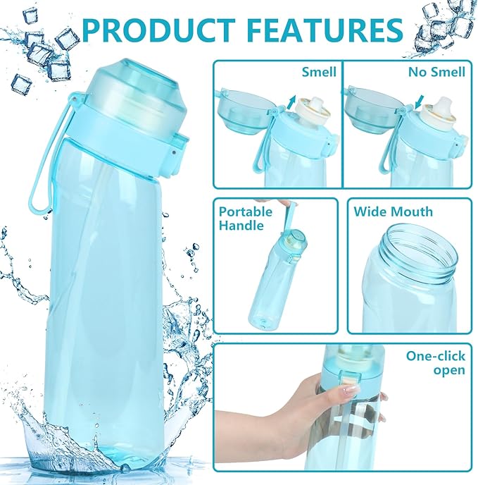 Water Bottle,650ml Air Water Bottle,Water Bottle with Flavor Pods,Leak Proof Sports Water Cup with Straw,Water Bottle Suitable for Outdoor Sports(Blue)