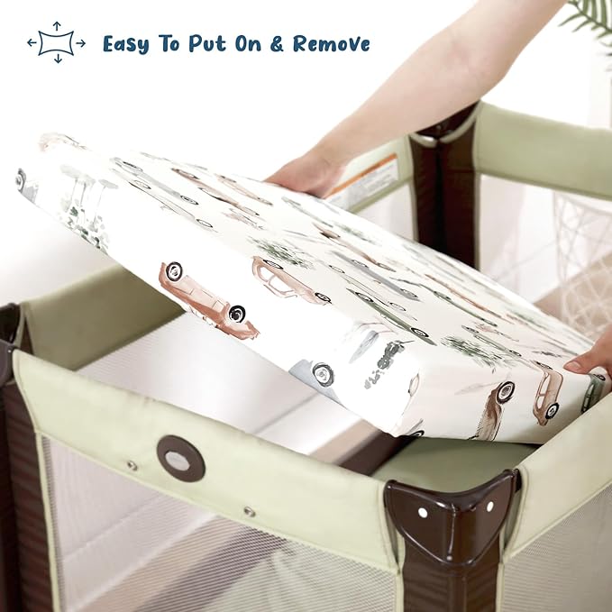 GRSSDER Pack n Play Sheets Fitted 2 Pack, Stretchy Ultra Soft Jersey Knit Pack and Play Sheets, Universal Fitted Portable/Mini Crib Mattresses Snug and Safe, Neutral Pattern of Cars Print