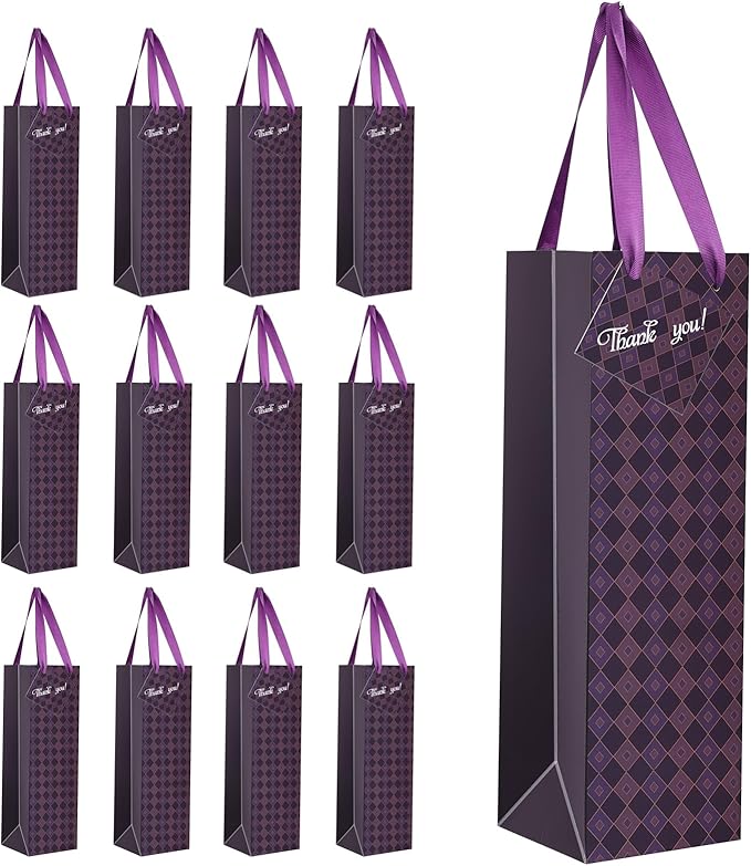 Wine Bags, 12 Packs, Strong Card Paper Wine Gift Bag with Ribbon Handles and Thank You Card, 4-3/8x 4 x 14 Fit 750ml Wine Bottle or Champagnes - Purple 12