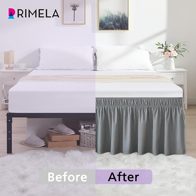 RIMELA Bed Skirt King Size Light Grey Bed Skirt 12 Inch Drop, Wrap Around Elastic Adjustable Bedskirt, Dust Ruffle for Bed Frame & Box Spring Soft Durable Fabric Machine Washable Easy to Install