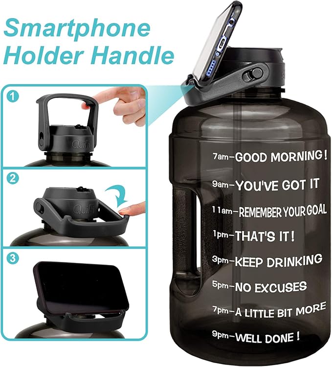 QuiFit Half Gallon Water Bottle - with Straw & Motivational Time Marker Leak-Proof BPA Free Reusable Gym Sports Outdoor Large(73OZ) Capacity Water Jug(Black,Half Gallon)