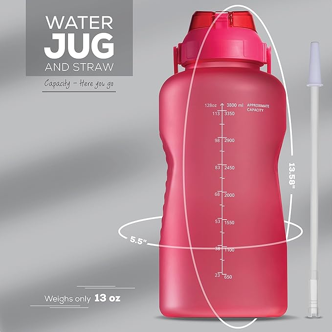 Motivational Water Bottle with Straw & Handle,One Gallon Water Bottle 128 oz/3.8L,Reusable Water Jug, Achieve All-Day Hydration SpillProof, BPA FREE