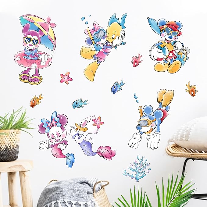 Mfault Summer Cartoon Mouse Wall Decal Stickers, Under The Sea Duck Mermaid Fish Coastal Ocean Nursery Decoration Bedroom Art, Beach Nautical Coral Neutral Toddler Kids Baby Room Decor