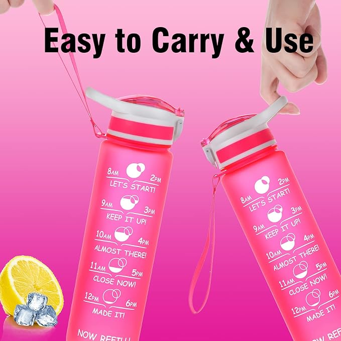 Prometheuz 32oz Water Bottle with Straw, Motivational Water Bottle with Time Marker, Water Bottles Leakproof & BPA-Free for Sports, Work and Fitness Pink