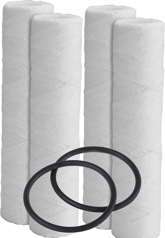F4Y – String Wound Water Filter Cartridges Compatible with FXWSC, GXWH04F, GXWH20S Models – Removes Bad Taste & Odor – Whole House Replacement Filter Cartridge – 10" x 2.5" (4 Pack with 2 O-Rings)