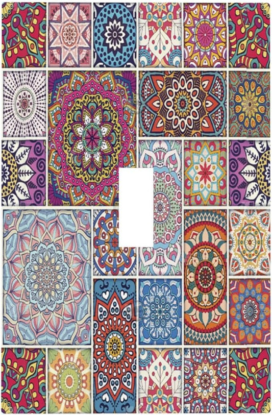 Morocco Talavera Mexican Tiles Printed Colroful Mandala 1 Gang Light Switch Covers Single Toggle Wall Plate Decorative Switchcover Electrical Switchplate for Kitchen Bathroom Bedroom Decor