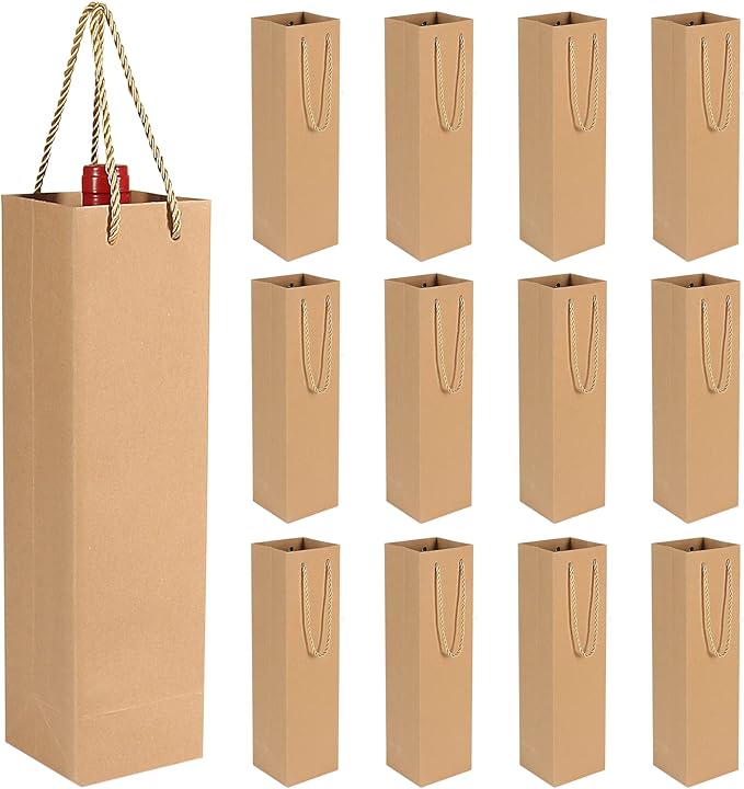 HRX Package Premium Kraft Paper Wine Gift Bags with Handles, 12PCS Sturdy Single Bottle Wine Holder Tote Bag for Christmas, Party, Shopping, Retail Merchandise (Brown)