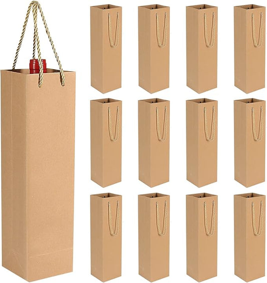 HRX Package Premium Kraft Paper Wine Gift Bags with Handles, 12PCS Sturdy Single Bottle Wine Holder Tote Bag for Christmas, Party, Shopping, Retail Merchandise (Brown)