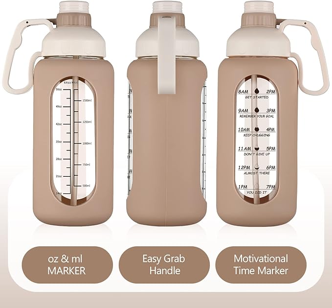 MUKOKO 64oz Glass Water Bottles with Straw, Half Gallon Water Bottle with Time Marker, Motivational Water Bottle with Silicone Sleeves,Large Glass Water Bottle for Gym,Working,Outdoor,Amber