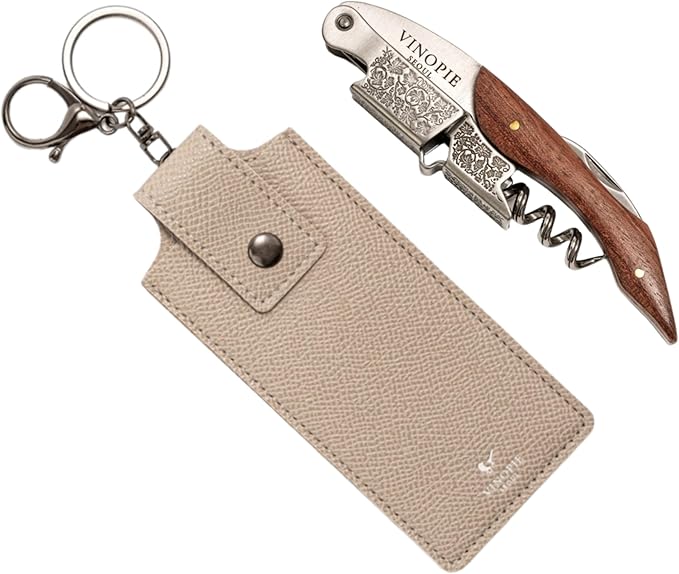 Professional Wood Grapevine Pattern Sommelier Knife With Beige Leather Wine Keyring with Ergonomic Wood Grip, Beer Bottle Opener Foil Cutter Waiters Corkscrew Wine Opener
